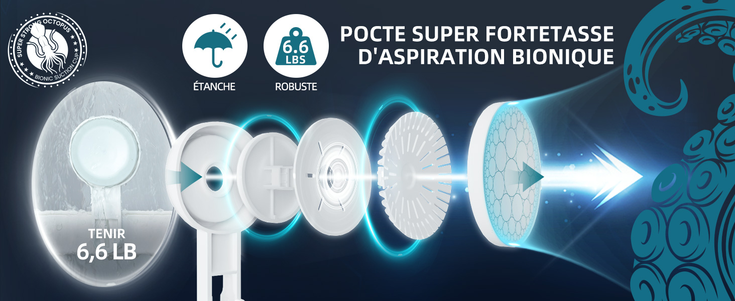 Le texte se lit comme suit : « PUITS SUPER PORTERAGE D'ASPIRATION BIONIQUE ». Schéma technique montrant un dispositif dentaire ou médical avec des effets lumineux bleus et des icônes.