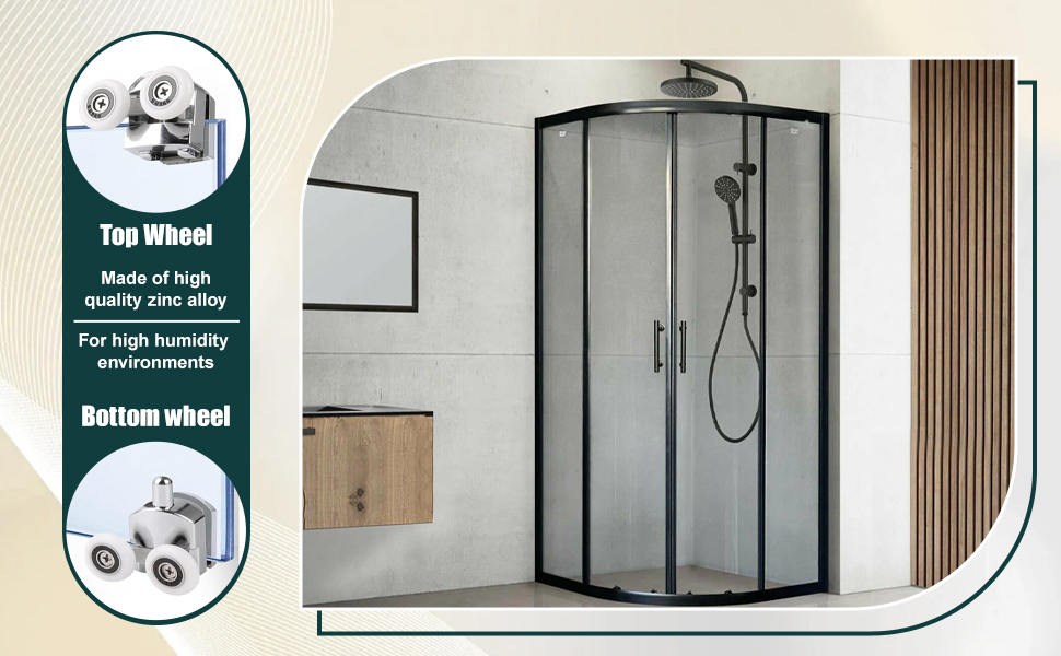 with black frame and clear glass, with wheel diagrams showing the upper and lower wheel components for wet environments.
