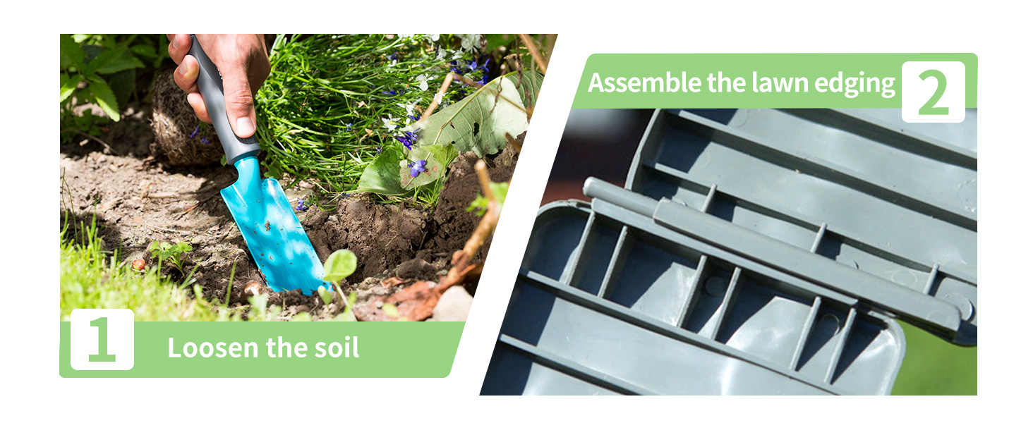 Two-Step Lawn Installation Guide Showing Soil Loosening Using of a blue tool and the assembly instructions for the gray borders