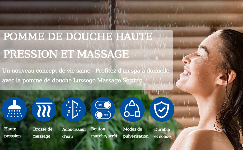 Le texte indique « POMME DE DOUCHE HAUTE PRESSION ET MASSAGE ». Plusieurs icônes d'interface montrant les modèles de débit d'eau et les paramètres de massage d'un pommeau de douche.