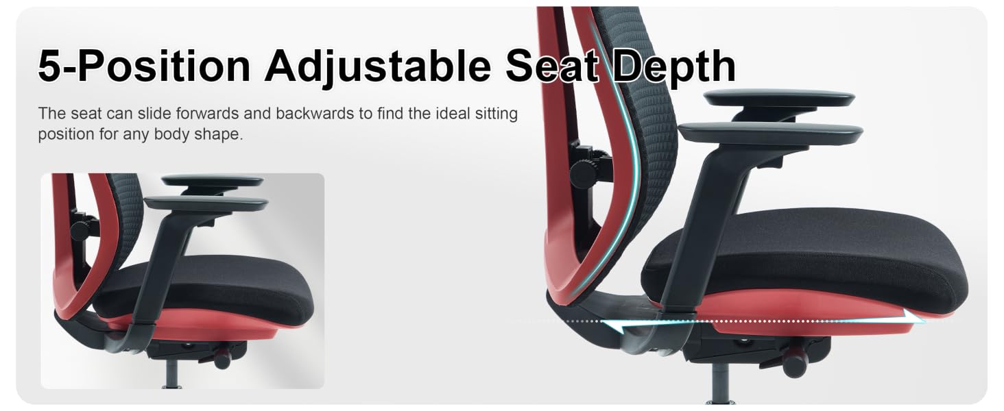 Text reads '5-Position Adjustable Seat Depth'. Series of images showing ergonomic office chair with mesh back and various adjustment features.