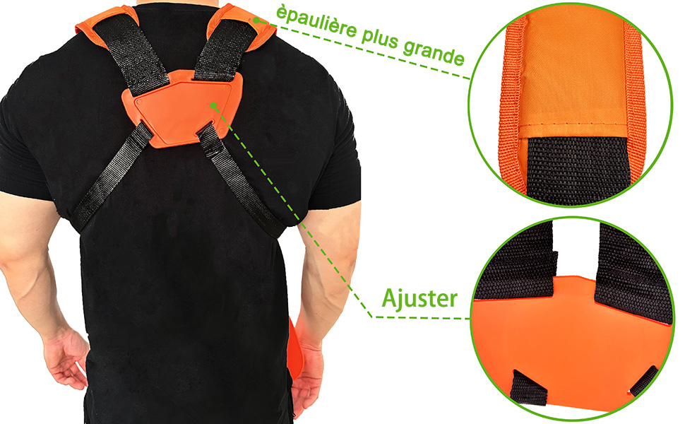 Système de bretelles ou de bretelles réglables orange et noir. Les vues rapprochées montrent une plus grande zone des épaules et des fonctions de réglage. Le texte en français décrit les attributs.