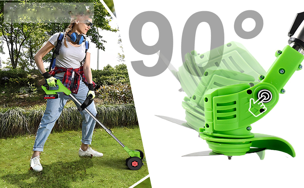avec tête pivotante à 90 degrés.
[SENTENCE 12] Boîtier en plastique vert, poignée ajustable.
[SENTENCE 13] Femme utilisant une tondeuse dans le jardin, portant un équipement de protection.
[SENTENCE 14] Gros plan du mécanisme pivotant sur