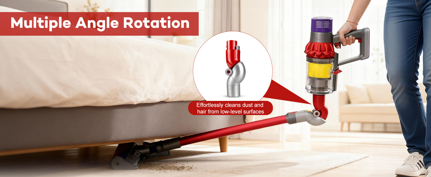 Le texte indique « Rotation à angles multiples ».
[SENTENCE 6] Séquence d'images montrant le processus de nettoyage à l'aspirateur sous des meubles sous différents angles.