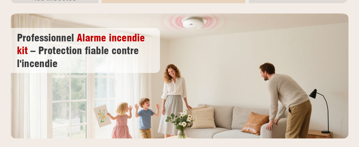 Le texte indique « Professionnel Alarme Incendie » et « Protection fiable contre l'incendie ». Scène intérieure montrant le processus d'installation d'un détecteur de fumée.