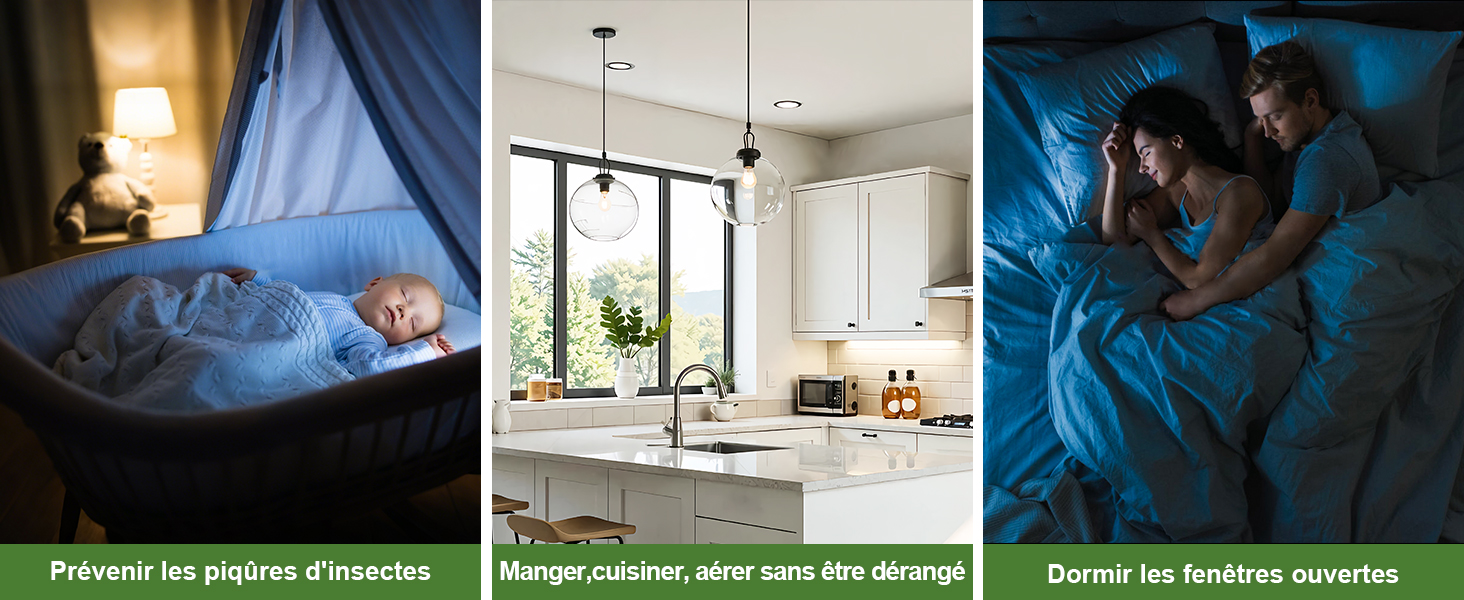 Composite image with three panels: baby sleeping under a mosquito net, modern kitchen with large windows, and couple sleeping with an open window, illustrating the concepts of insect prevention and ventilation