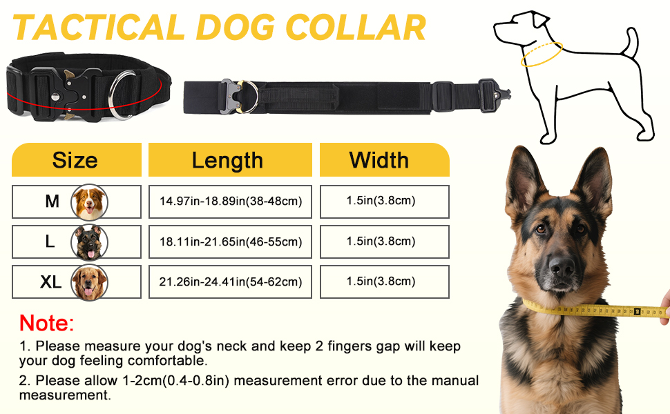 Le texte indique « COLLIER TACTIQUE POUR CHIEN » avec un tableau des tailles indiquant les mesures M, L, XL pour la longueur (14,97 à 16,89 pouces, 18,11 à 21,26 pouces, 21,26 à 24,41 pouces) et la largeur (1,5 pouces). Comprend une illustration du contour du chien et une photo du produit.