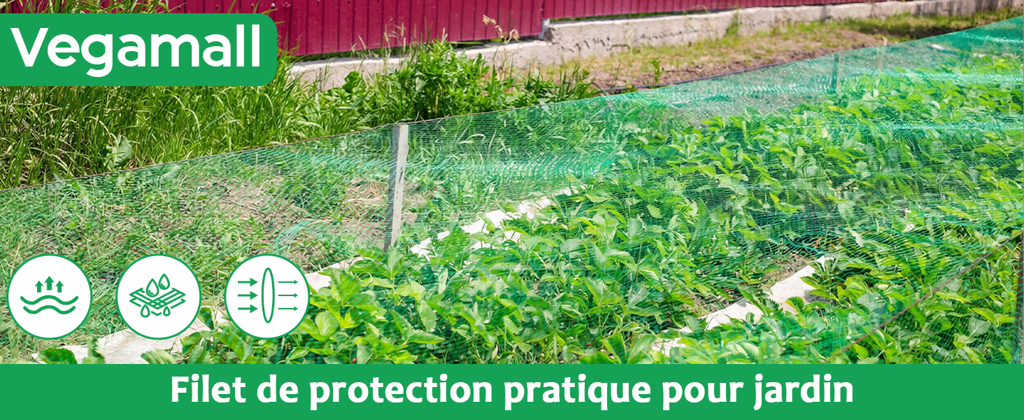 Le texte indique « Vegamall » et « Filet de protection pratique pour jardin ». Filet de protection de jardin au-dessus des plantes vertes avec des icônes ci-dessous.
