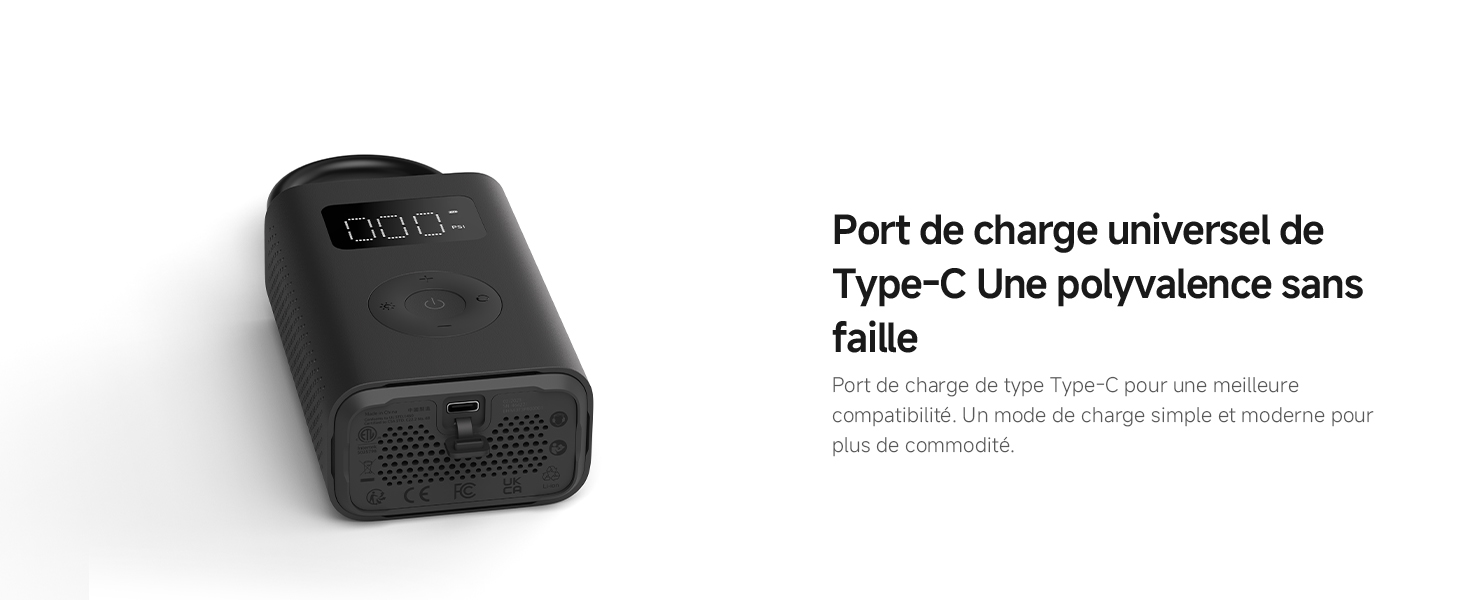 Le texte se lit comme suit : « Port de charge universel de Type-C des puissantes sans fils ». Chargeur ou adaptateur électronique rectangulaire noir illustré.