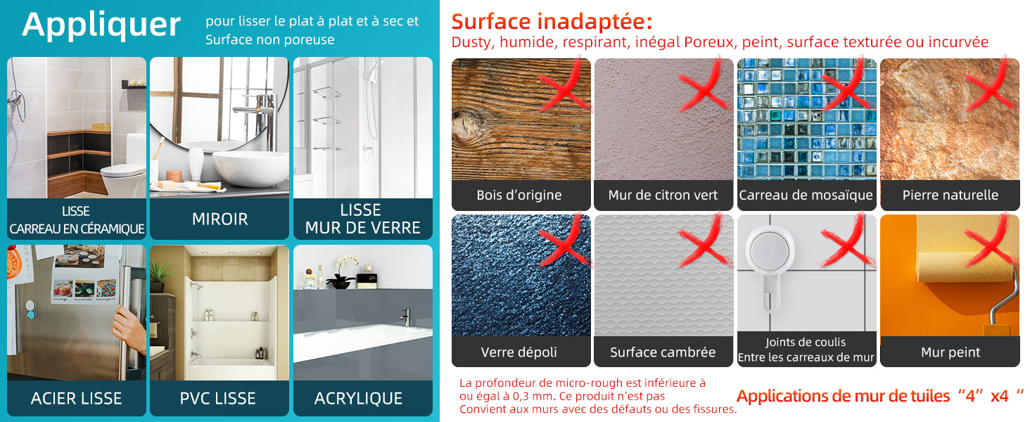 Affiche d'information montrant des surfaces adaptées et inadaptées à l'application de carreaux décoratifs.