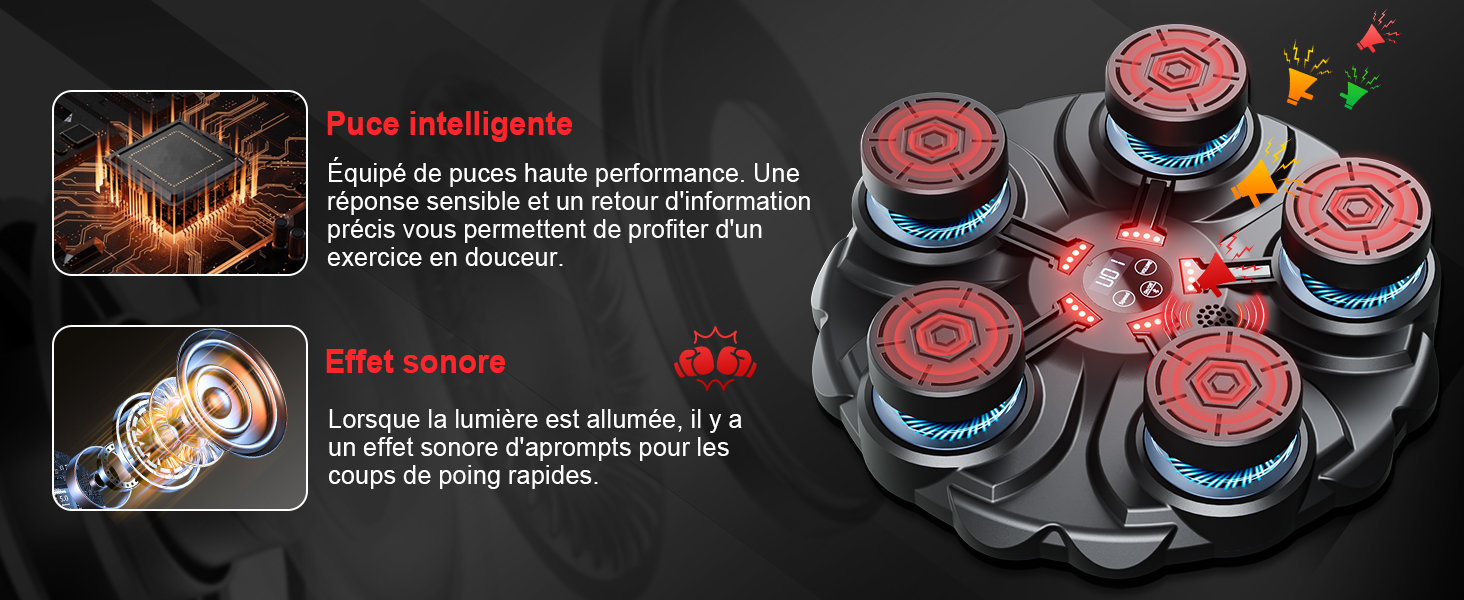 avec coussinets circulaires rouges. Les caractéristiques incluent des performances intelligentes, une dissipation thermique et des effets sonores lorsqu'ils sont éclairés. Affiché sur un fond sombre avec un texte explicatif.