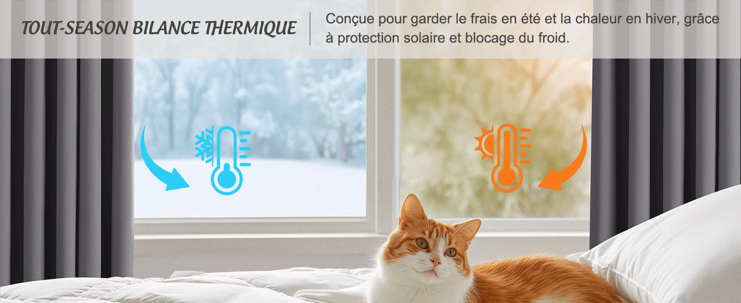 Le texte se lit comme suit : « RIDEAUX BALANCE THERMIQUE » en français. Photo intérieure montrant une fenêtre avec des rideaux et un chat se reposant près du rebord de la fenêtre.