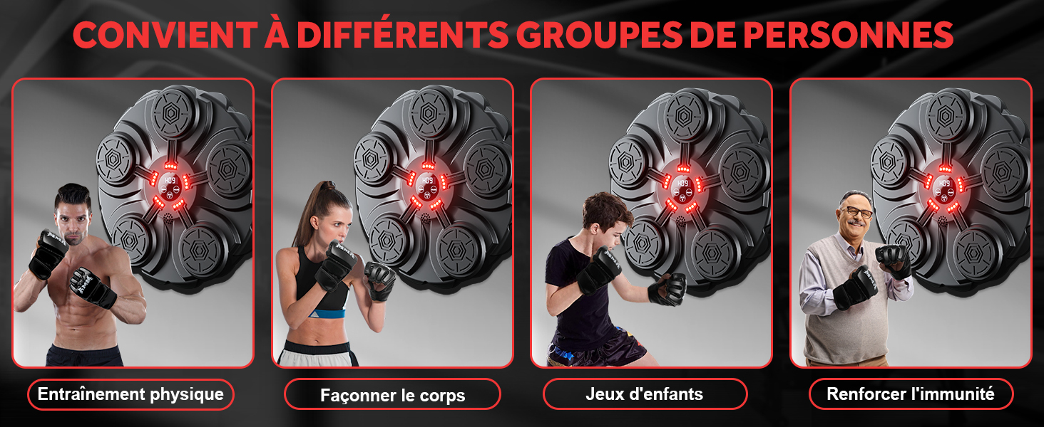 Image à quatre panneaux montrant un appareil d'exercice circulaire à résistance réglable. Des panels démontrent son utilisation pour l'entraînement physique, la mise en forme du corps, les jeux pour enfants et le renforcement du système immunitaire.