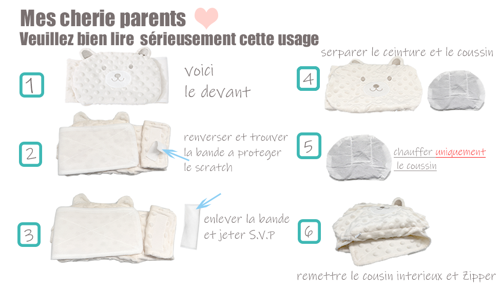 Schéma pédagogique pour assembler un oreiller ou un coussin en forme de chat. Les étapes montrent comment retourner, retirer les bandes de protection, séparer les composants et remonter l'article en peluche