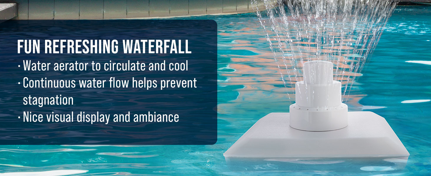 Pool waterfall spray aerator enhances circulation, cooling, and creates a fun visual water display