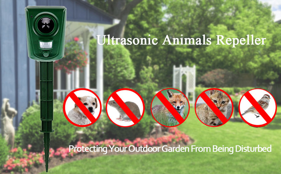Der Text gibt an, dass es sich um ein Ultraschall-Tierabwehrmittel handelt und Schützen Sie Ihren Garten vor Störungen. Gartenszene mit Symbolen durchgestrichener Tiere, darunter Vögel, Kaninchen und andere Schädlinge. data-orig-src=