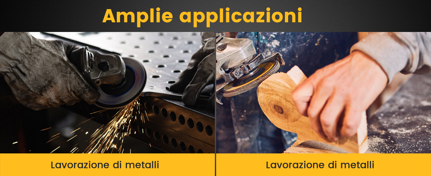 Immagine divisa che mostra le applicazioni per la lavorazione dei metalli. Il pannello sinistro mostra le scintille dovute alla molatura, il destro mostra la lucidatura