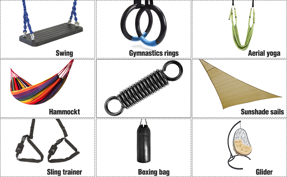 d'icone di attrezzature fitness che mostrano un'altalena, anelli da ginnastica, cinghie per yoga aereo, un'amaca, un attrezzo per allenamento a molla, un ombrellone, un sacco da boxe e una sedia