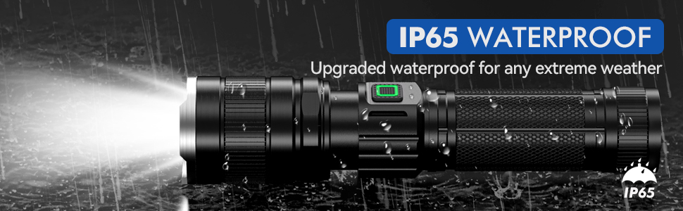 mit IP65-Wasserschutzklasse, beleuchtet vor dunklem Hintergrund mit Wassertropfen. Der Text hebt die Beständigkeit gegen extreme Wetterbedingungen hervor.