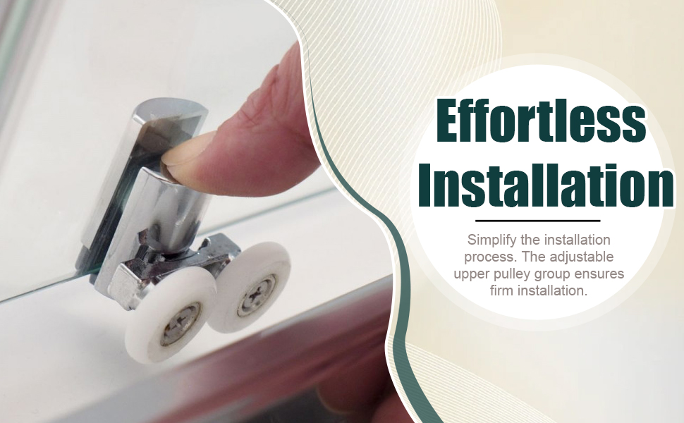 Close-up of adjustable white roller wheels installed on a sliding mechanism, with text describing the effortless installation process