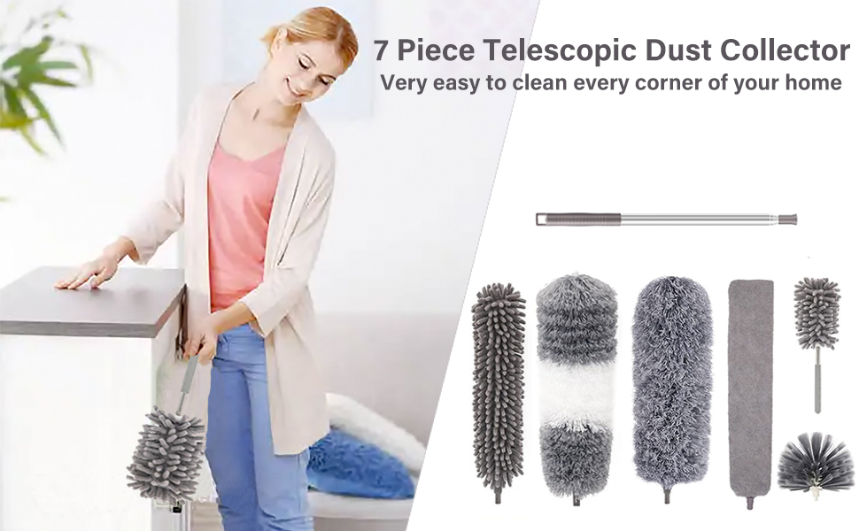 7-piece telescopic duster set with microfiber cleaning heads and stainless steel handle
