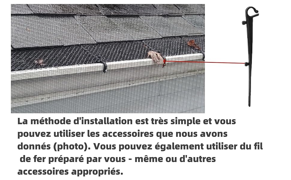 Illustration d'une méthode d'installation simple pour un système de fils ou de câbles, montrant des crochets et des points de fixation sur un mur ou une surface.