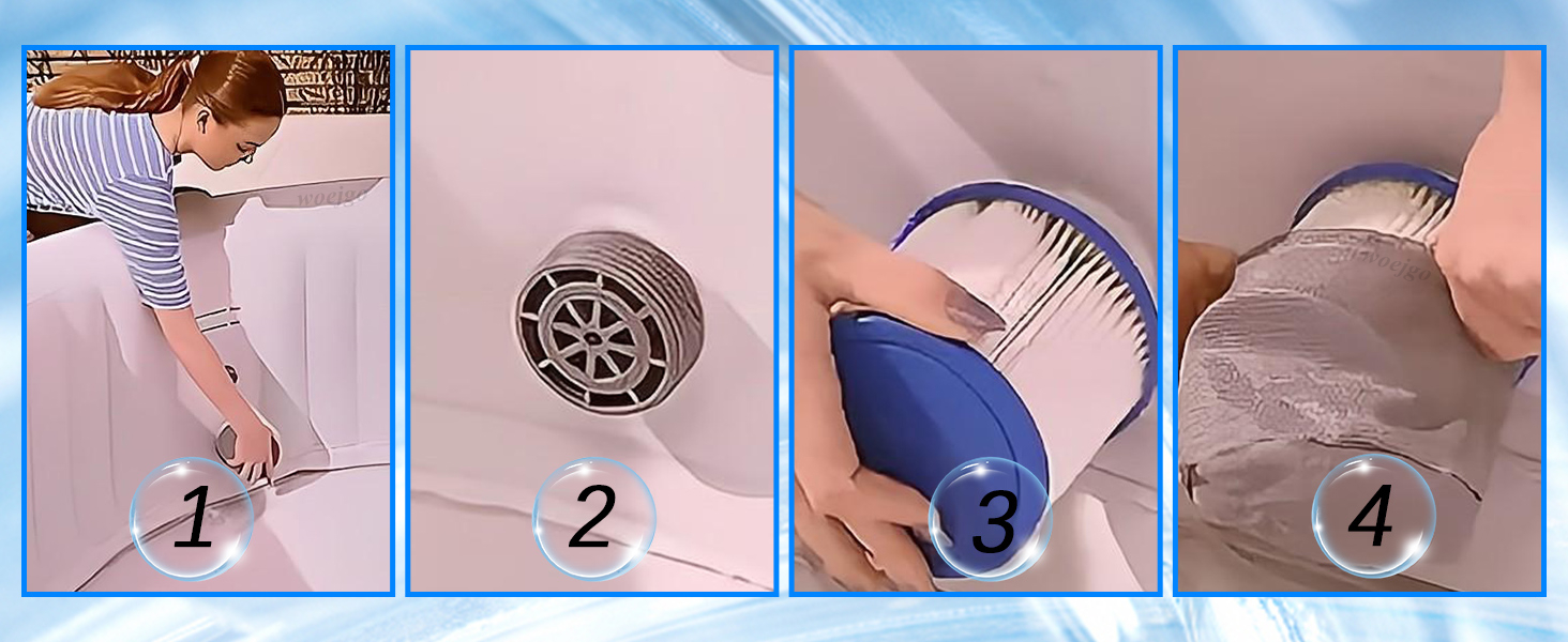 Image à quatre panneaux illustrant l'utilisation d'un aspirateur à main sur le rembourrage. Montre les composants de l'appareil, la buse et le collecteur de poussière en action.