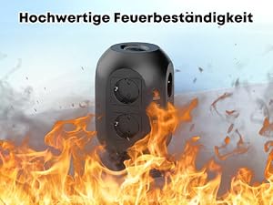 Der Text lautet 'Hochwertige Feuerbeständigkeit'. Abgebildet ist ein schwarzes elektronisches Gerät, das von Flammen umgeben ist, die ihre Feuerwiderstandsfähigkeit nachweisen.