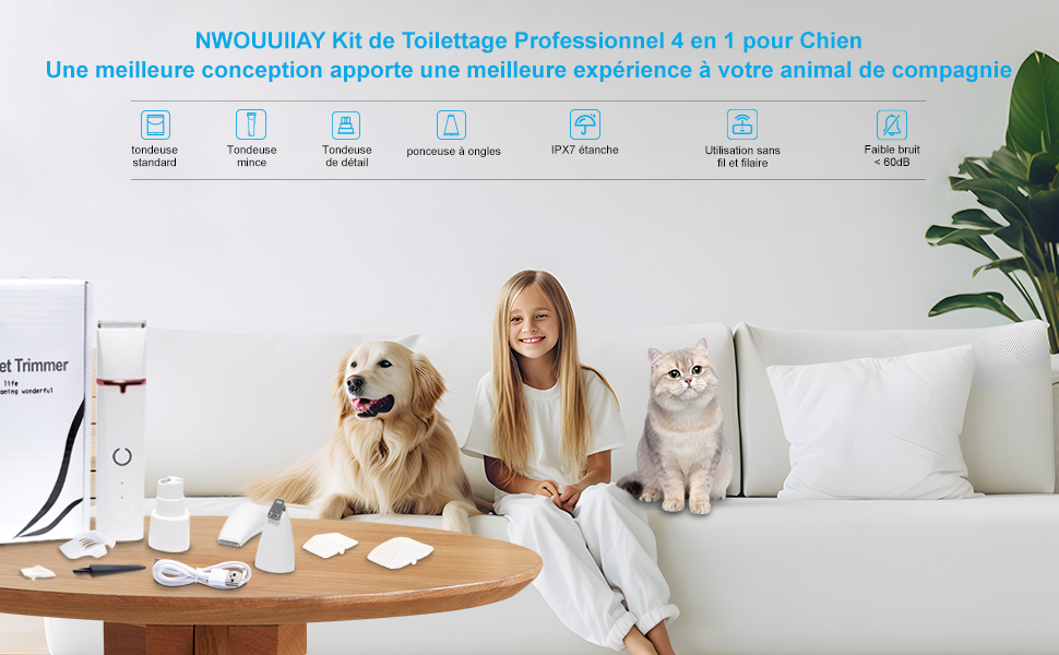 NWOUIIAY Tondeuse pour Chien IPX7 Étanche 4 en 1