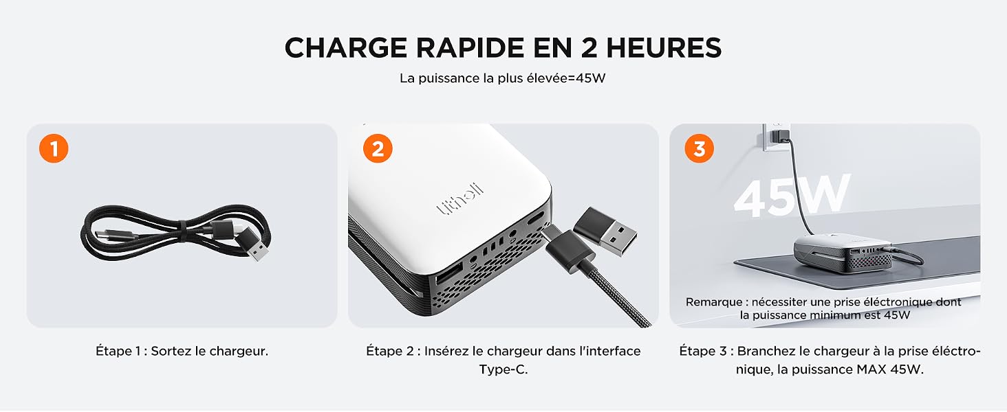 Schéma d'instructions de charge en trois étapes montrant la connexion du câble, la configuration du chargeur et les spécifications d'alimentation de 45 W.