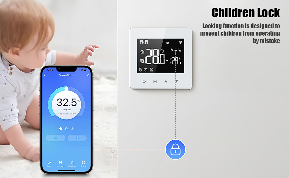 avec commande par smartphone. L'unité murale affiche la température. Le téléphone affiche une lecture de 32,5°. Dispose d'un système de verrouillage pour enfants pour éviter tout changement accidentel.