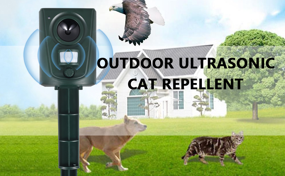 Le texte indique « RÉPULSIF ULTRASONIQUE EXTÉRIEUR POUR CHATS ».
[SENTENCE 2] Appareil vert monté sur un piquet dans la pelouse, avec des images de démonstration montrant des chats en train de se laisser dissuader.