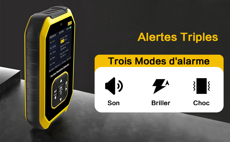 Gelbes und schwarzes Handgerät mit Digitalanzeige und drei Alarmmodi: Ton, Blitz und Vibration für verschiedene Alarmfunktionen.