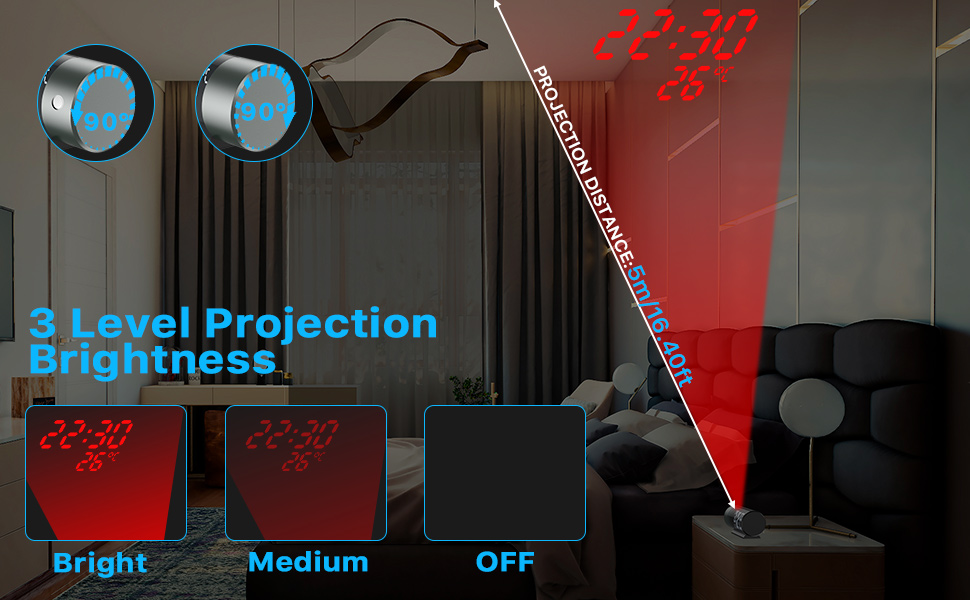 Réveil à projection, réveil numérique avec température et humidité, horloge LED
