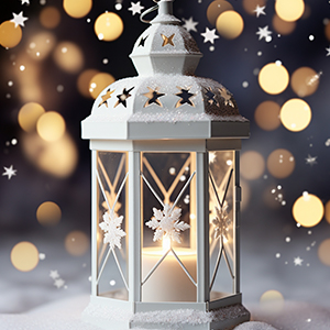 Lanterne décorative blanche avec motif en étoile découpée et cadre métallique sur fond sombre avec effets de lumière bokeh.