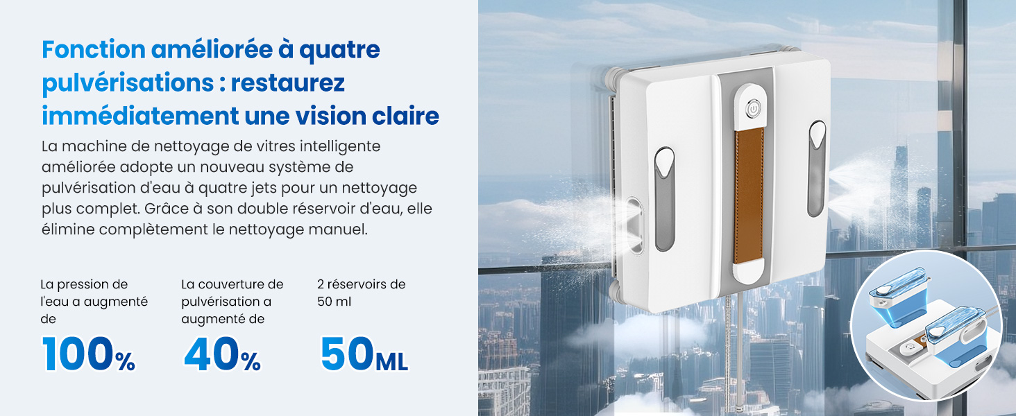 Le texte se lit comme suit : « Fonction simplifiée à quatre pulvérisations restantes ». Infographie montrant la fonctionnalité de pulvérisation d'eau avec des indicateurs de pourcentage 100 %, 40 %, 50 %.