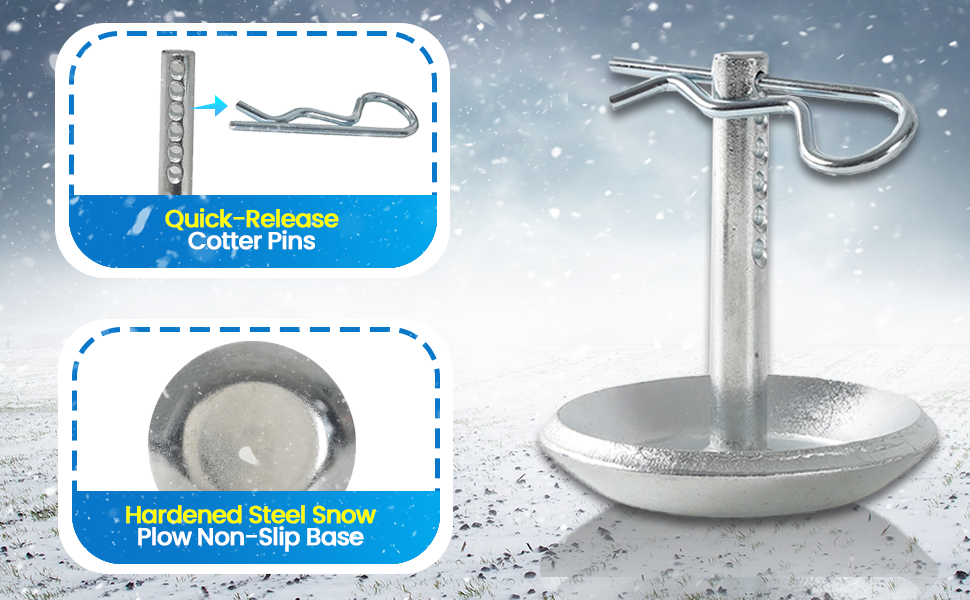 QUICK-RELEASE COTTER PINS AND HARDENED STEEL K-PLOW SKID SHOES