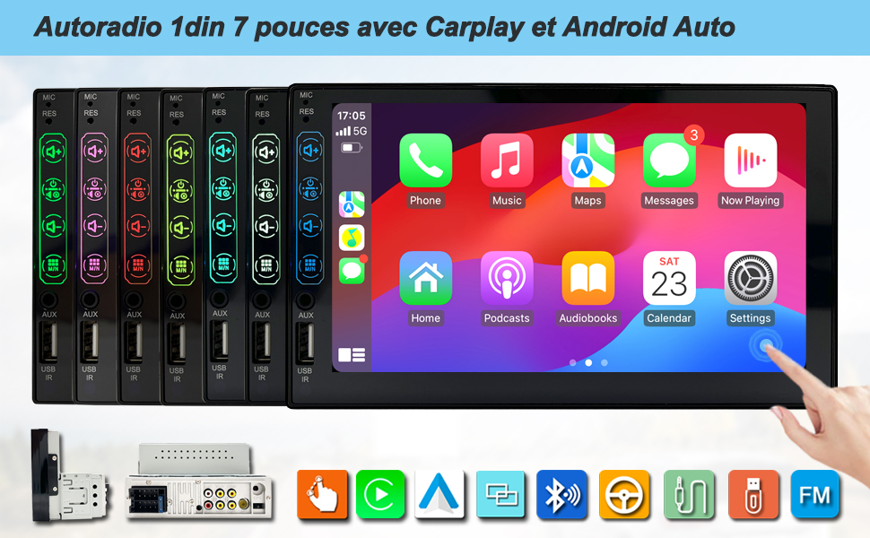 Autoradio 1 Din avec Apple CarPlay et Android Auto