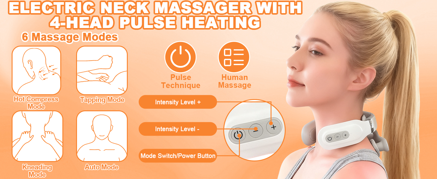 Le texte indique « MASSAGE ÉLECTRIQUE MARTELANT LE CORPS POUR UN TRAITEMENT COMPLET ». Emballage du produit montrant un appareil de massage portatif avec une palette de couleurs orange et blanc et des icônes d'utilisation.