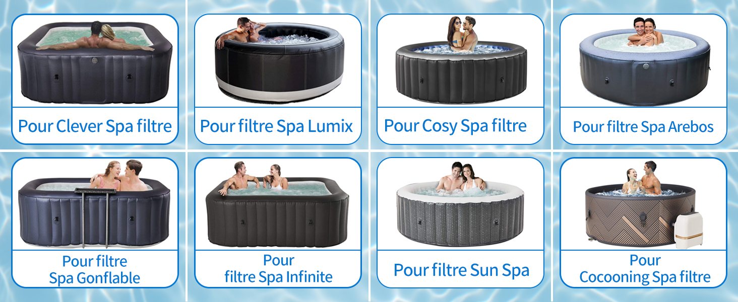 Collection de bains à remous gonflables de différentes tailles et formes. Les images montrent différents modèles avec des personnes qui se détendent dans les baignoires.