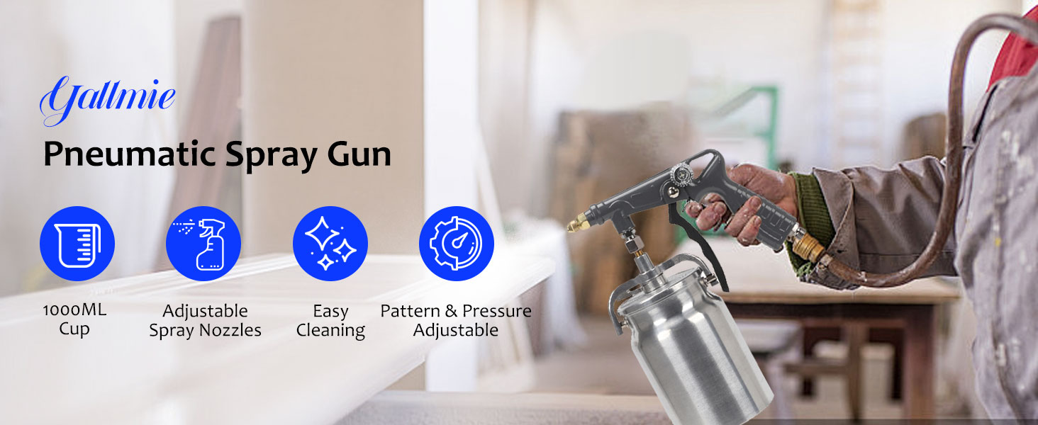 Text reads 'Optima Pneumatic Spray Gun'. Product image showing metal spray gun with technical specification icons for High Flow, Adjustable, Spray Mode, and Easy to Clean.
