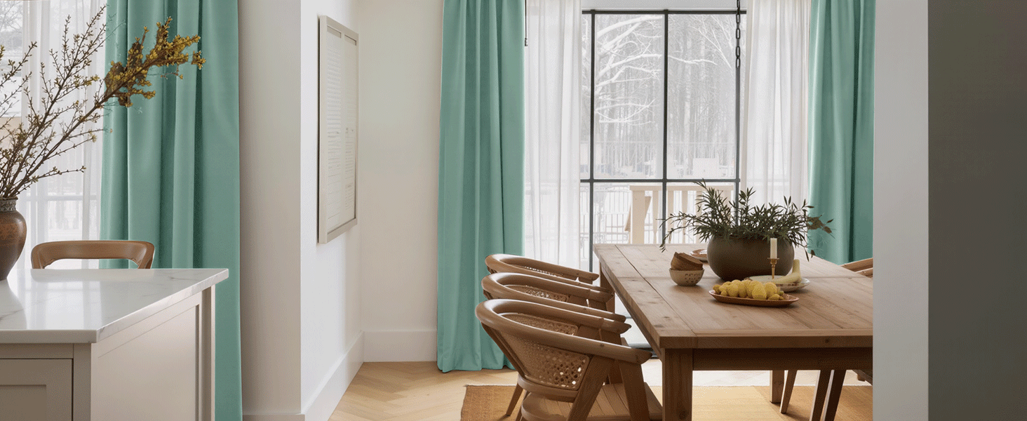 Aménagement intérieur de la pièce montrant une salle à manger avec une table en bois, des chaises et une fenêtre avec rideaux.