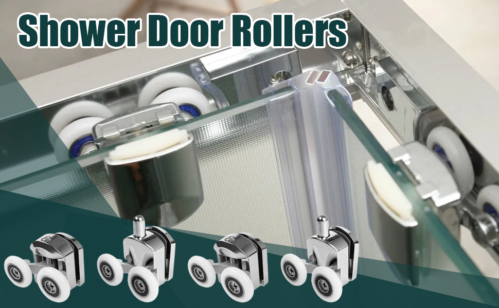 Set of roller mechanisms for shower doors arranged in a row, including chrome wheels and mounting brackets designed for installing glass doors