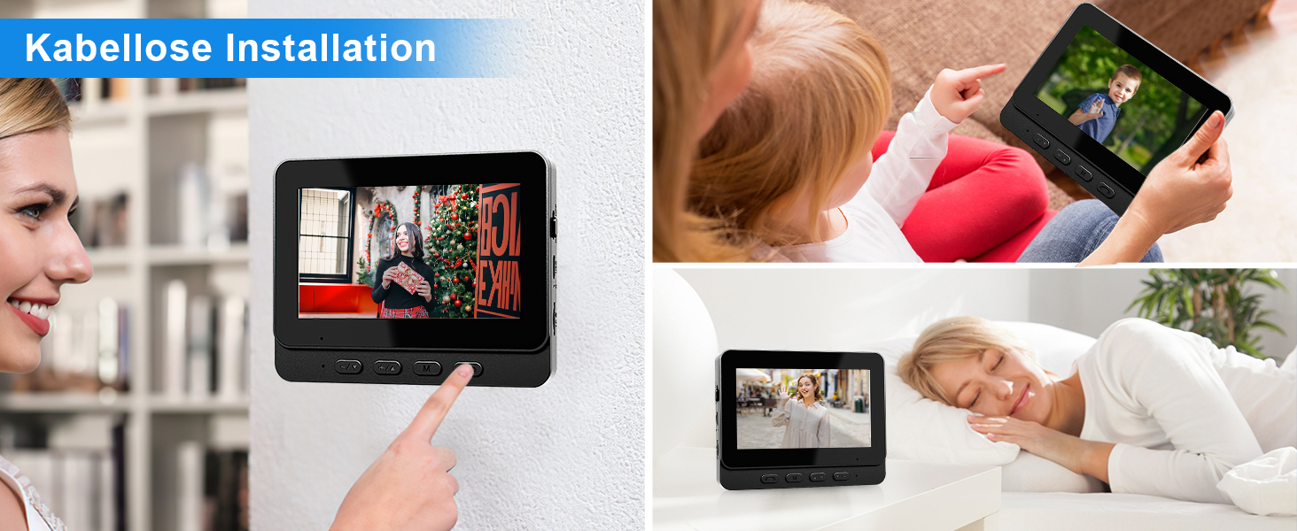 Drahtloses Tablet, das die Feeds von Sicherheitskameras für zu Hause anzeigt.