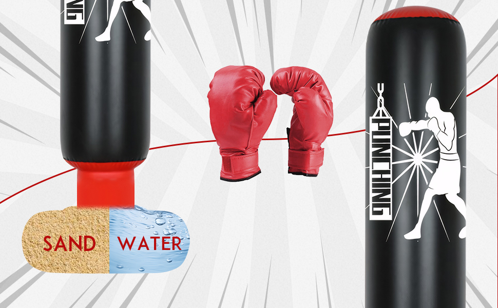 : sac de boxe noir, gants de boxe rouges et sac de vitesse noir. Les étiquettes « Sable » et « Eau » indiquent les options de remplissage de la base pour