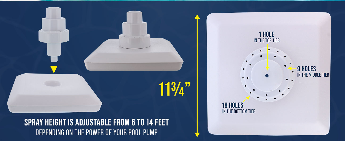 Pool fountain with 3-tier spray design, 28 total holes, 11¾" tall, adjustable spray up to 14 feet