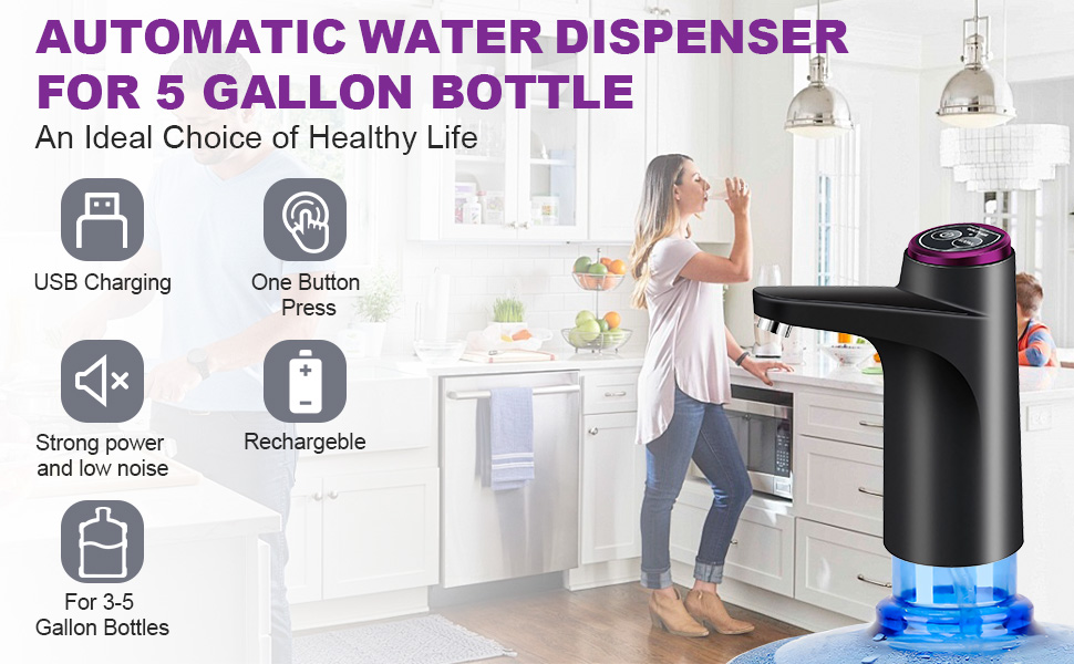 Le texte indique « DISTRIBUTEUR D'EAU AUTOMATIQUE POUR BOUTEILLE DE 5 GALLONS » et « Chargement USB », « Un seul bouton ». Présentoir du produit montrant un distributeur d'eau avec éclairage LED bleu et icônes de caractéristiques.