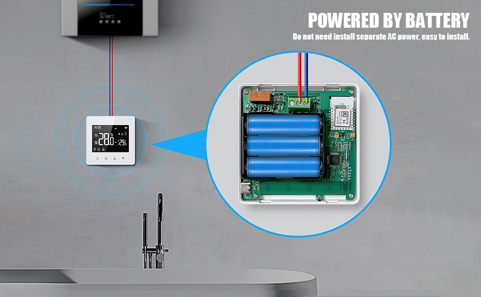 avec unité de commande alimentée par batterie. Les caractéristiques comprennent l'affichage numérique de la température et une installation facile sans alimentation secteur. Le gros plan montre la batterie interne et le circuit imprimé