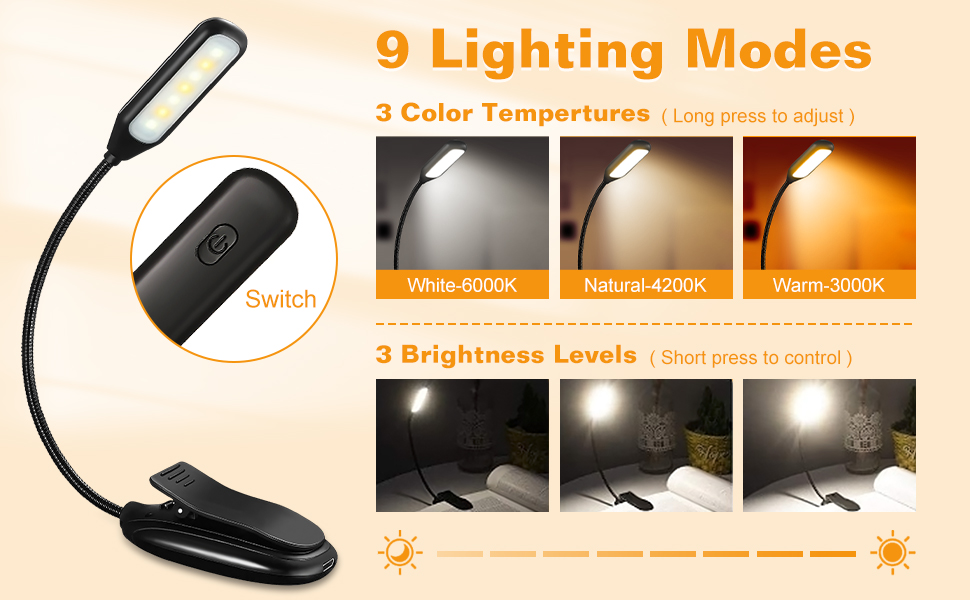 Tekstap Luce da lettura a LED per lettura a letto, 3 colori, 3 livelli