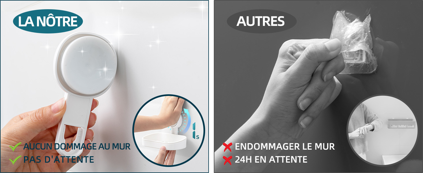 Le texte se lit comme suit : « LA NÔTRE » et « AUTRES ». Démonstration du produit montrant un dispositif blanc circulaire pour appliquer ou distribuer, avec des illustrations avant et après utilisation.